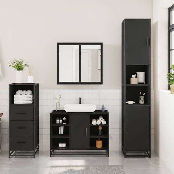 vidaXL Juego de muebles de ba&ntilde;o 3 pzas madera contrachapada negro