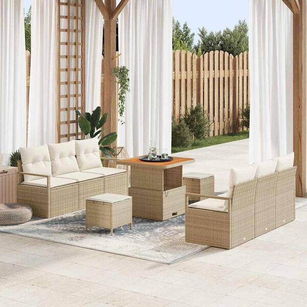 vidaXL Conjunto de sof&aacute;s de jard&iacute;n 9 pcs Beige rat&aacute;n sint&eacute;tico