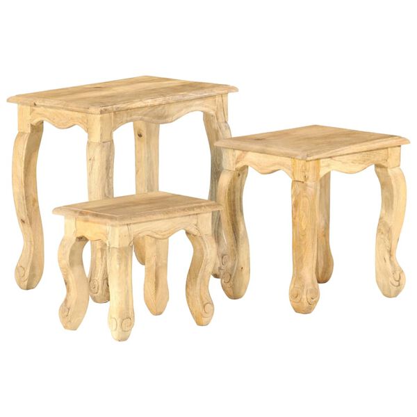 vidaXL Set de 3 mesitas apilables de madera maciza de mango