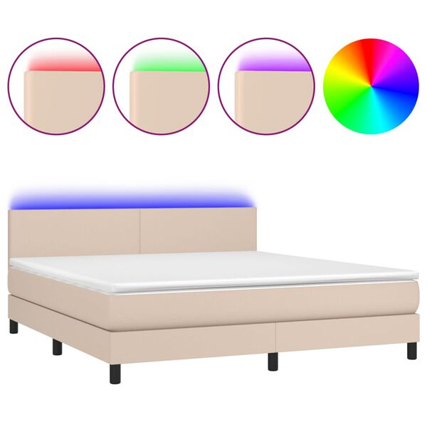 vidaXL Cama box spring colch&oacute;n LED cuero sint&eacute;tico capuchino 180x200cm