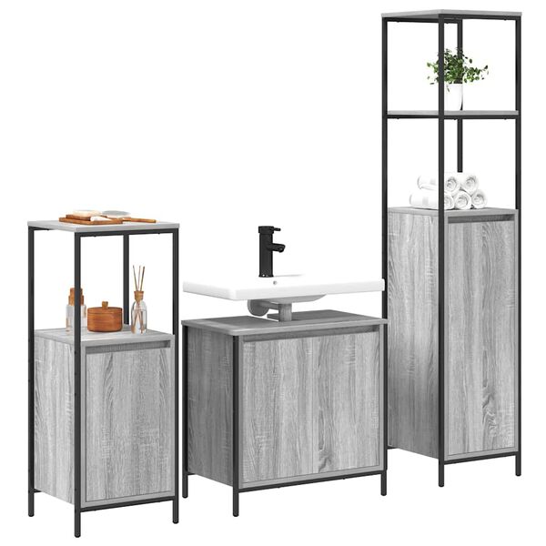 vidaXL Juego de muebles de ba&ntilde;o con estante 3 pcs Sonoma Gris y Negro