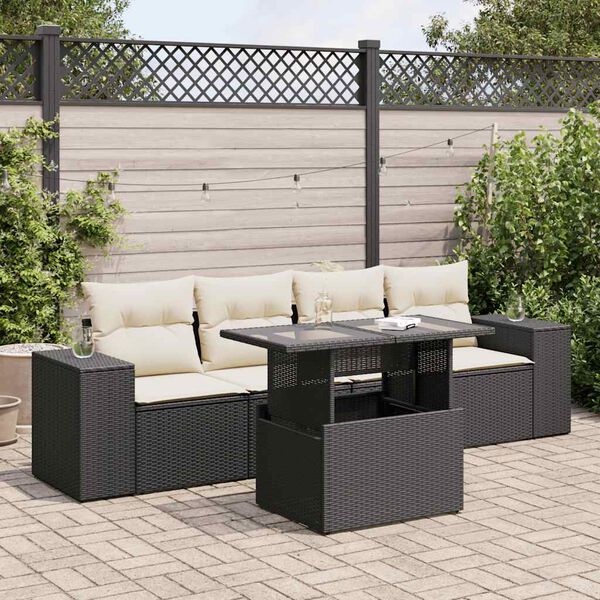 vidaXL Set de muebles de jard&iacute;n 5 pzas y cojines rat&aacute;n sint&eacute;tico negro