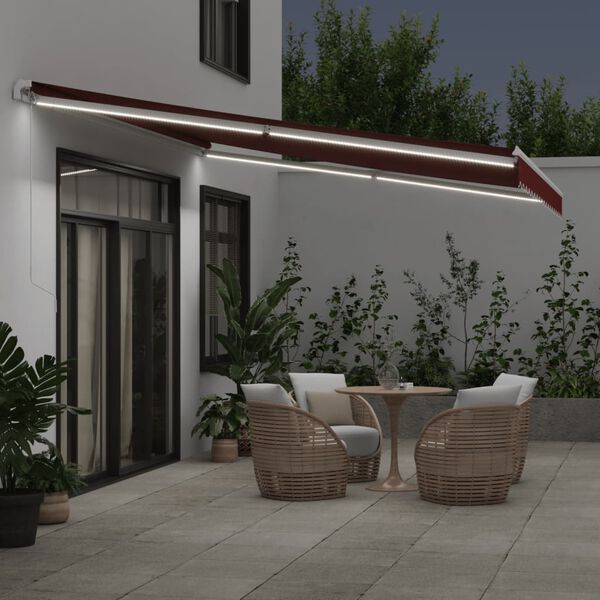 vidaXL Toldo retráctil manual con luces LED burdeos 450x350 cm