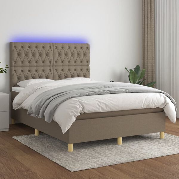 vidaXL Cama box spring colch&oacute;n y luces LED tela gris taupe 140x200 cm