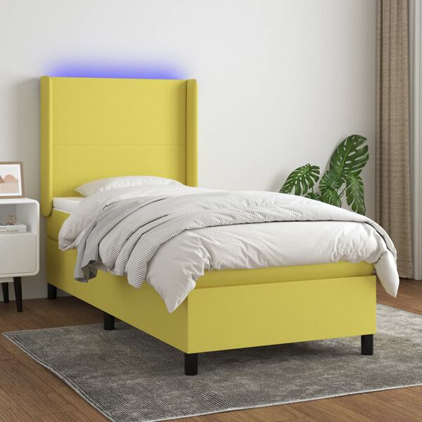 vidaXL Cama box spring colch&oacute;n y luces LED tela verde 90x200 cm