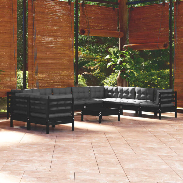 vidaXL Muebles de jard&iacute;n 11 pzas con cojines negro madera maciza pino