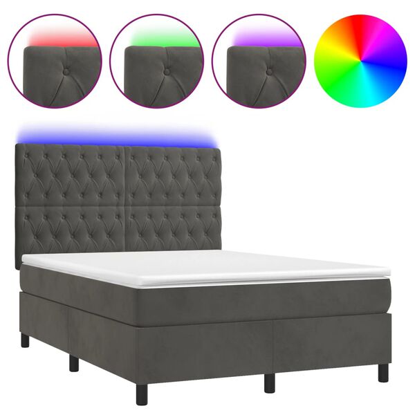 vidaXL Cama box spring colch&oacute;n y LED terciopelo gris oscuro 140x200 cm