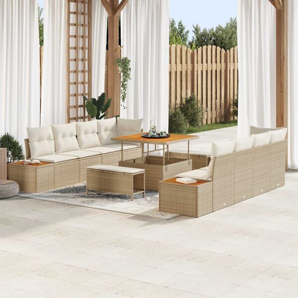 vidaXL Conjunto de sof&aacute;s de jard&iacute;n con coj&iacute;n 11 pcs Beige Polirat&aacute;n