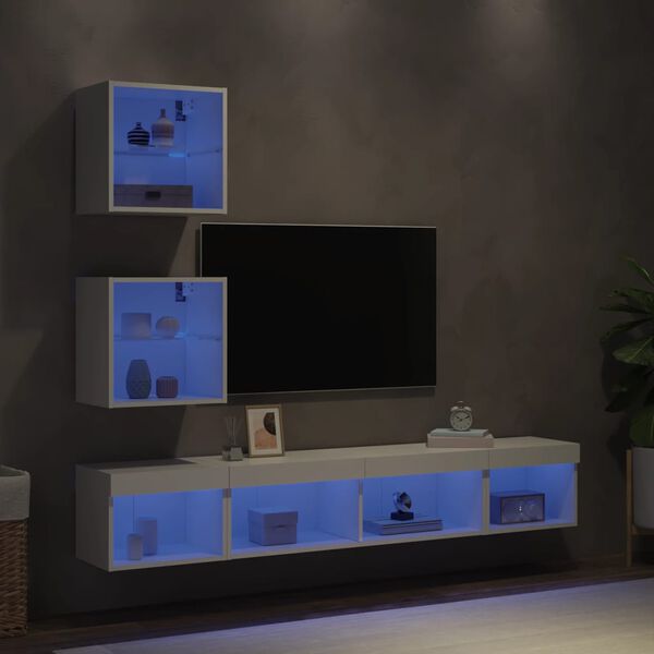 vidaXL Muebles de TV de pared con LED 5 pzas madera ingeniería blanco