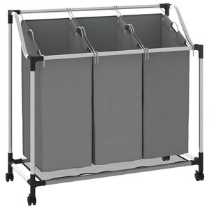 vidaXL Cesto de ropa con ruedas, 3 compartimentos, color gris