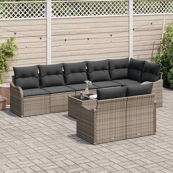 vidaXL Conjunto de sof&aacute; de jard&iacute;n con coj&iacute;n 9 pcs Gris Polirat&aacute;n