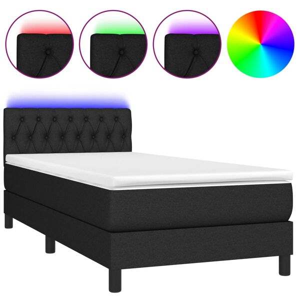 vidaXL Cama box spring colch&oacute;n y luces LED tela negro 90x200 cm