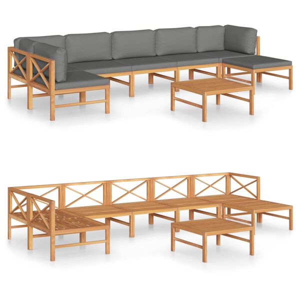 vidaXL Set de muebles de jard&iacute;n 8 pzas madera de teca y cojines gris
