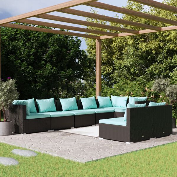 vidaXL Set de muebles de jard&iacute;n 8 pzas y cojines rat&aacute;n sint&eacute;tico negro