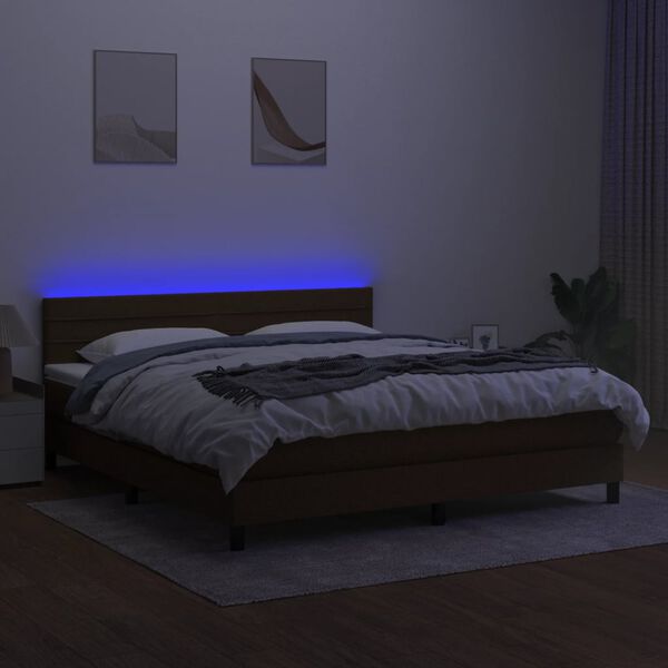 vidaXL Cama box spring colch&oacute;n luces LED tela marr&oacute;n oscuro 160x200cm