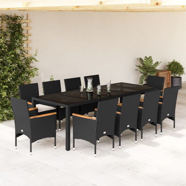 vidaXL Set comedor jard&iacute;n 11 pzas cojines rat&aacute;n sint&eacute;tico vidrio negro