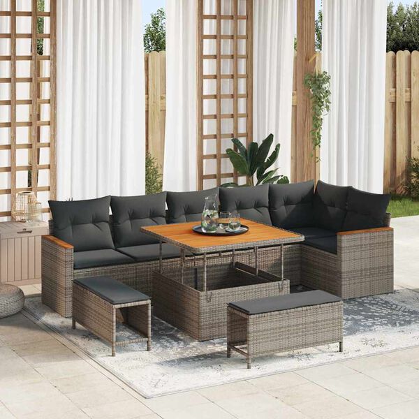 vidaXL Conjunto de sof&aacute; de jard&iacute;n con coj&iacute;n 9 pcs Gris Polirat&aacute;n