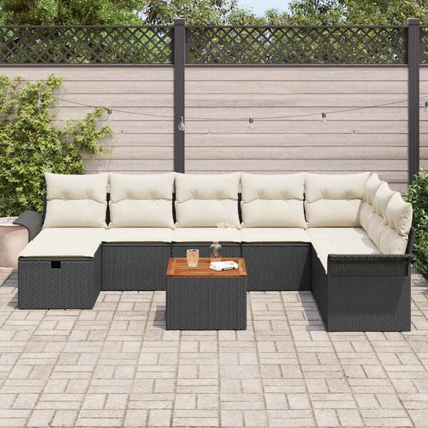 vidaXL Conjunto de sofá de jardín con cojín 9 pcs Negro Poliratán