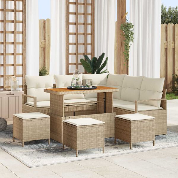 vidaXL Conjunto de sof&aacute; de jard&iacute;n con coj&iacute;n 9 pcs Beige Polirat&aacute;n