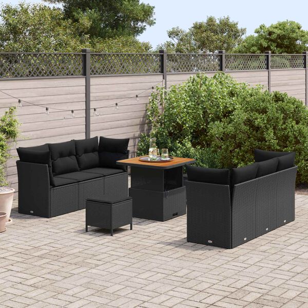 vidaXL Conjunto de sof&aacute; de jard&iacute;n 9 pcs Negro rat&aacute;n sint&eacute;tico