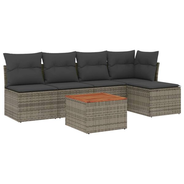 vidaXL Set de muebles de jard&iacute;n 6 pzas y cojines rat&aacute;n sint&eacute;tico gris