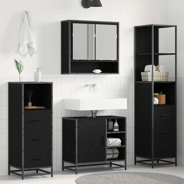 vidaXL Juego de muebles de ba&ntilde;o 4 pcs Roble Negro Madera de ingenier&iacute;a