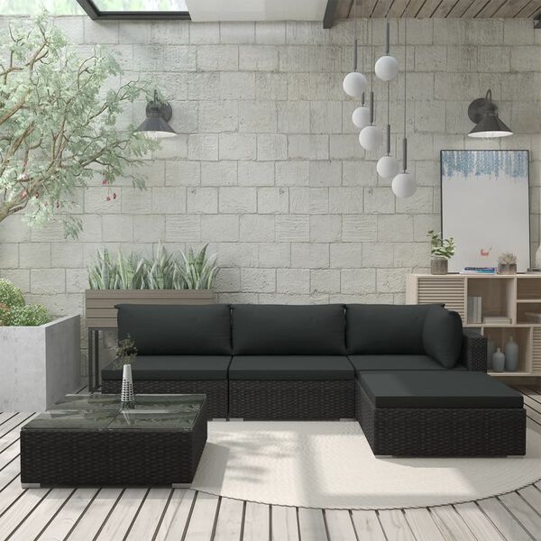 vidaXL Set muebles de jardín 5 piezas y cojines ratán sintético negro