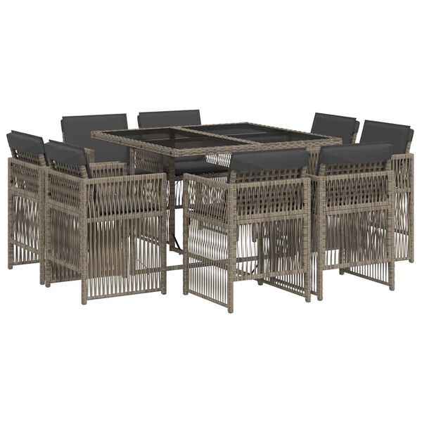 vidaXL Set comedor jard&iacute;n 9 pzas y cojines rat&aacute;n sint&eacute;tico gris