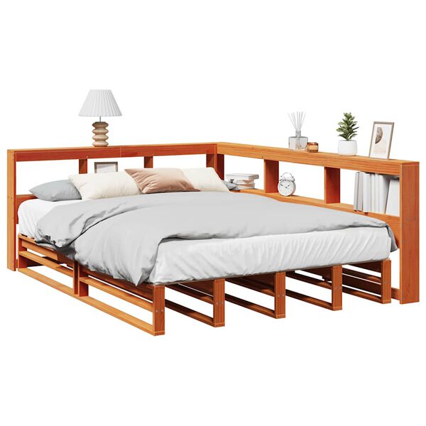 vidaXL Cama con estanter&iacute;a sin colch&oacute;n madera maciza marr&oacute;n 140x190 cm