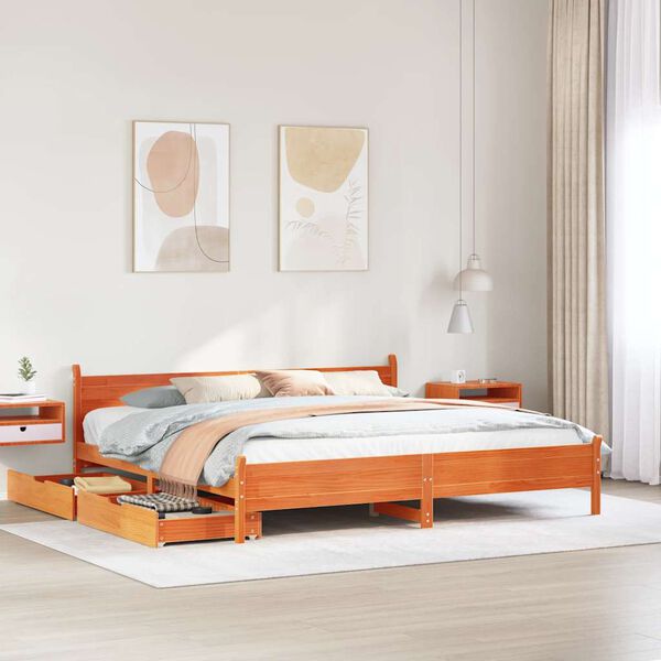 vidaXL Cama sin colch&oacute;n madera maciza de pino marr&oacute;n cera 200x200 cm