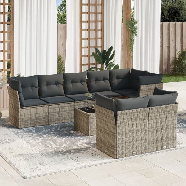 vidaXL Set de muebles de jard&iacute;n 9 pzas y cojines rat&aacute;n sint&eacute;tico gris