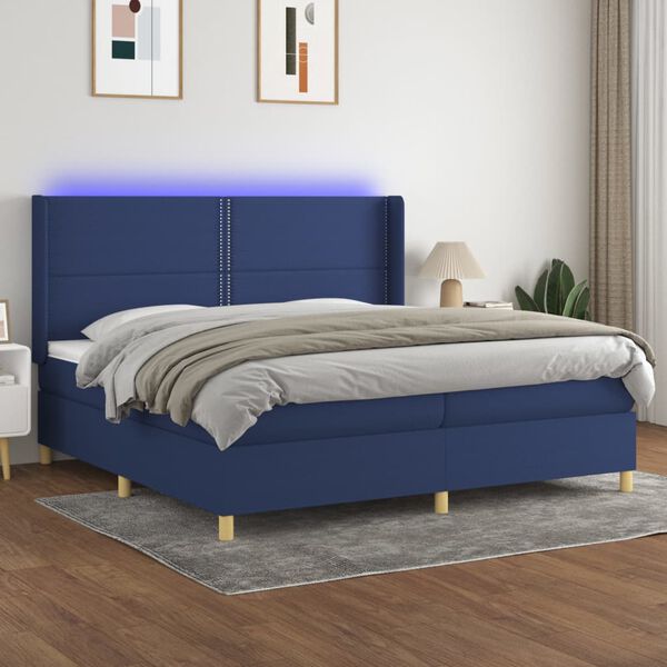 vidaXL Cama box spring colch&oacute;n y luces LED tela azul 200x200 cm