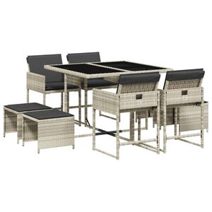 vidaXL Set comedor de jard&iacute;n 9 pzas cojines rat&aacute;n sint&eacute;tico gris claro