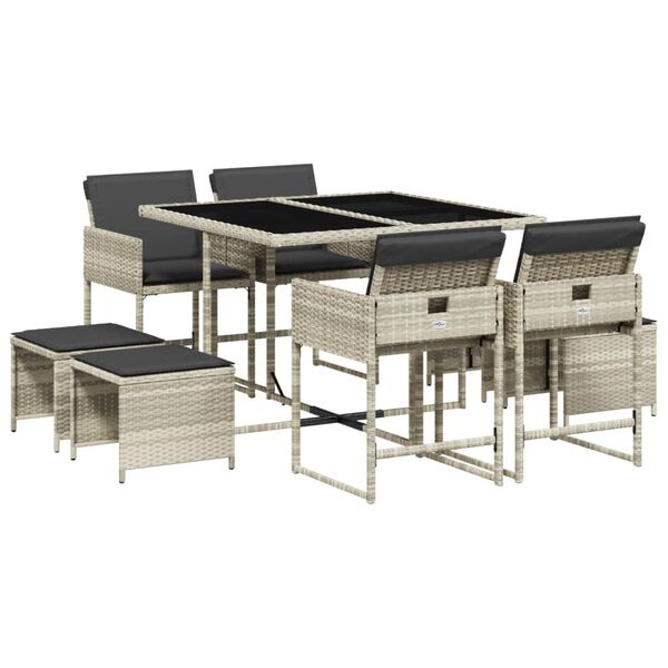 vidaXL Set comedor de jard&iacute;n 9 pzas cojines rat&aacute;n sint&eacute;tico gris claro