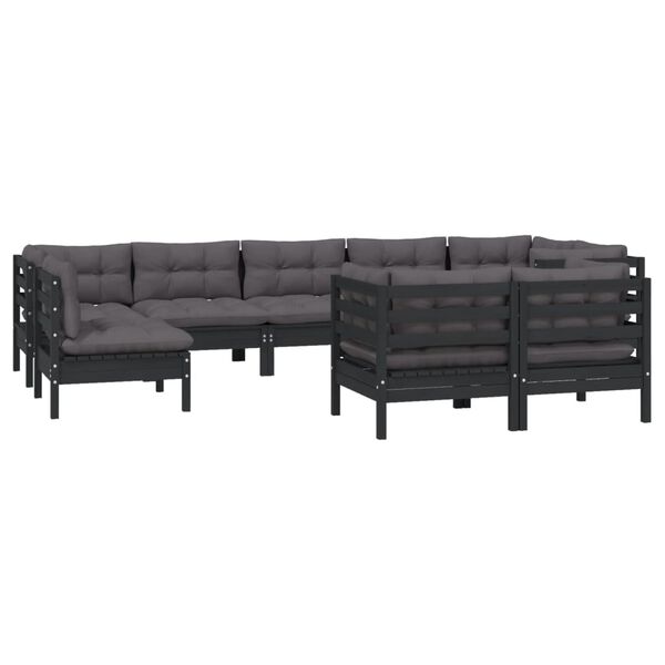 vidaXL Muebles de jard&iacute;n 9 pzas y cojines negro madera maciza de pino