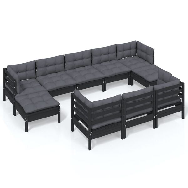 vidaXL Muebles de jard&iacute;n 10 pzas y cojines negro madera maciza de pino