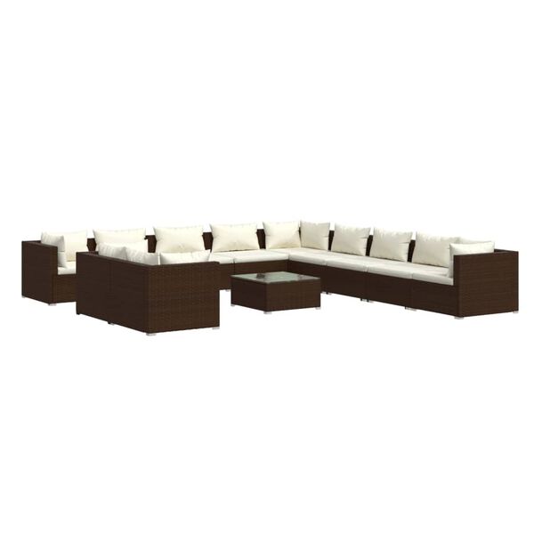 vidaXL Set muebles de jard&iacute;n y cojines 12 pzas rat&aacute;n sint&eacute;tico marr&oacute;n
