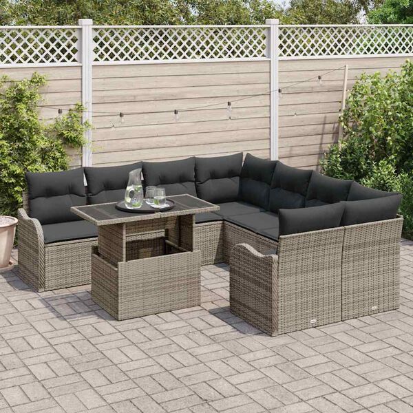 vidaXL Conjunto de sof&aacute; de jard&iacute;n 9 pcs Gris Rattan de Poli&eacute;ster