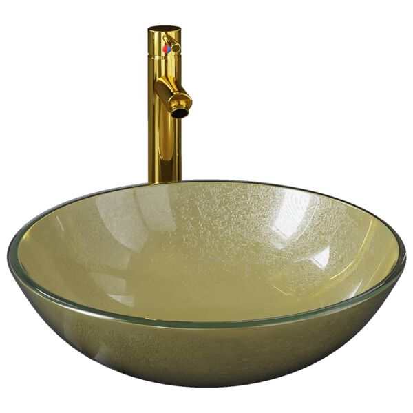 vidaXL Lavabo de baño grifo&desagüe de empuje vidrio templado dorado