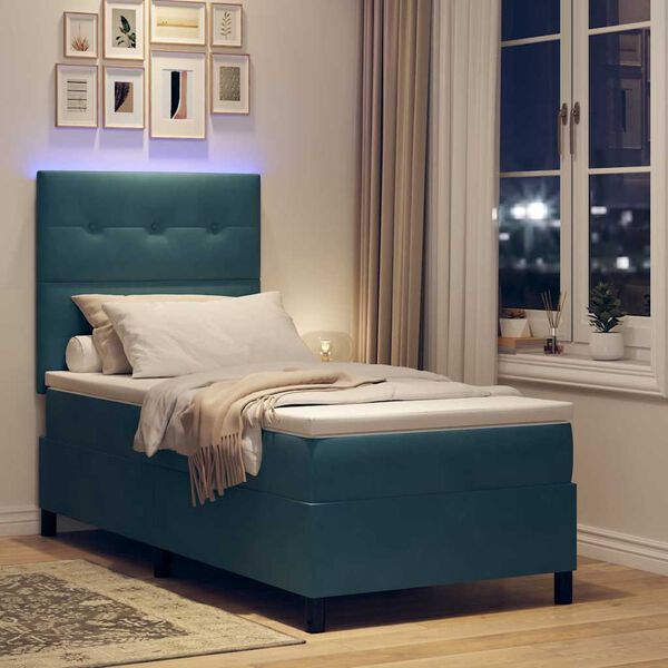vidaXL Cama Box Spring LED con colch&oacute;n Azul Oscuro 100 x 200 cm tela