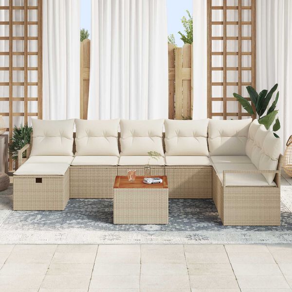 vidaXL Conjunto de sof&aacute; de jard&iacute;n con coj&iacute;n 9 pcs Beige Polirat&aacute;n