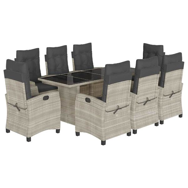 vidaXL Set comedor de jard&iacute;n 9 pzas cojines rat&aacute;n sint&eacute;tico gris claro
