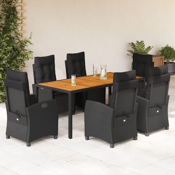 vidaXL Set de comedor de jard&iacute;n 7 pzas y cojines rat&aacute;n sint&eacute;tico negro