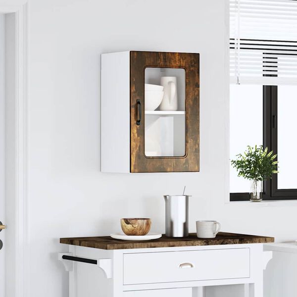 vidaXL Armario de cocina de pared con puerta de cristal "Kalmar" de, roble ahumado, madera de ingenier&iacute;a