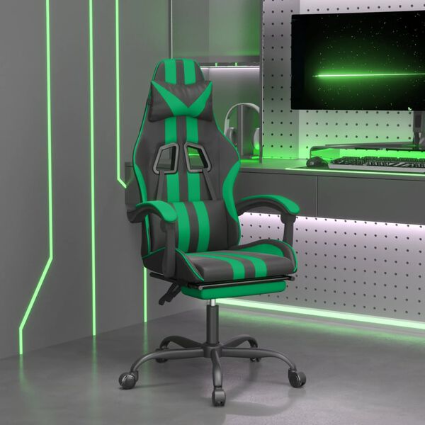vidaXL Silla gaming giratoria y reposapi&eacute;s cuero sint&eacute;tico negro verde