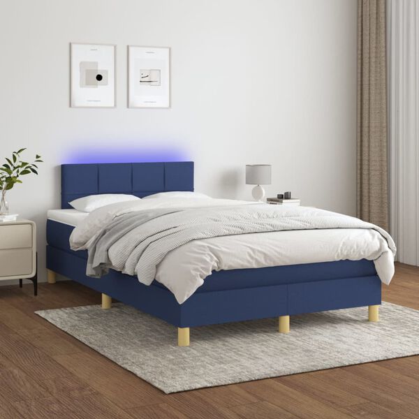 vidaXL Cama box spring con colch&oacute;n y luces LED tela azul 120x190 cm