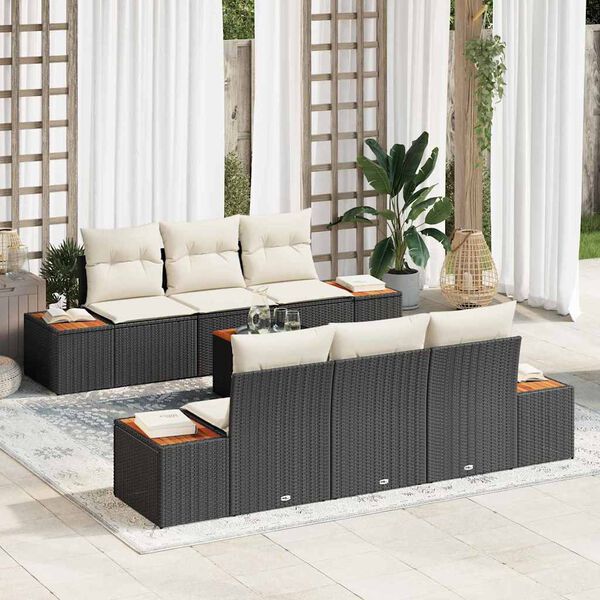 vidaXL Conjunto de sof&aacute; de jard&iacute;n con coj&iacute;n 7 pcs Negro Polirat&aacute;n