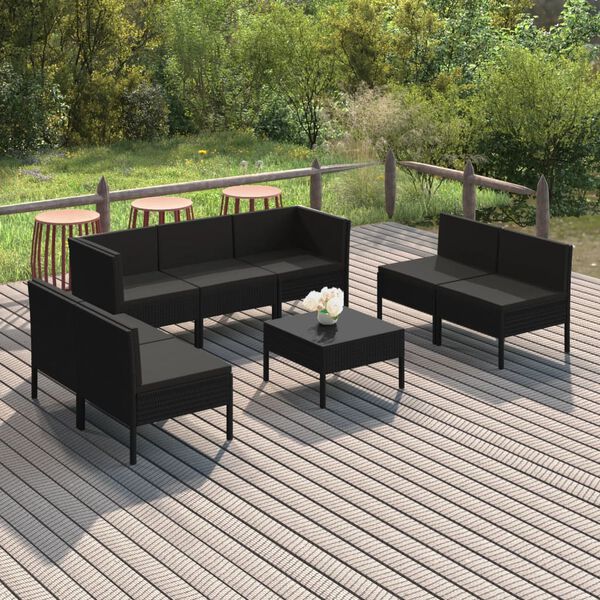 vidaXL Set de muebles de jard&iacute;n 8 pzas y cojines rat&aacute;n sint&eacute;tico negro