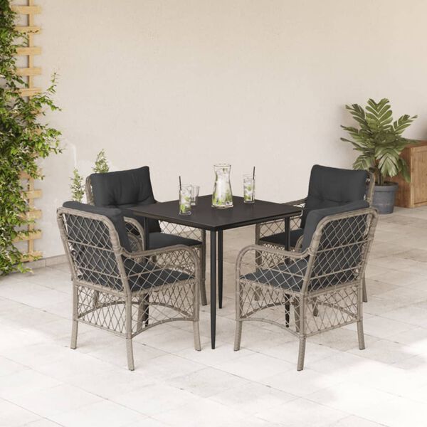 vidaXL Set comedor de jard&iacute;n 5 pzas cojines rat&aacute;n sint&eacute;tico gris claro