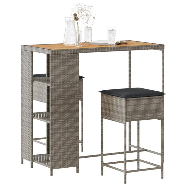 vidaXL Juego de bar de jard&iacute;n de 3 piezas con cojines rat&aacute;n PE gris